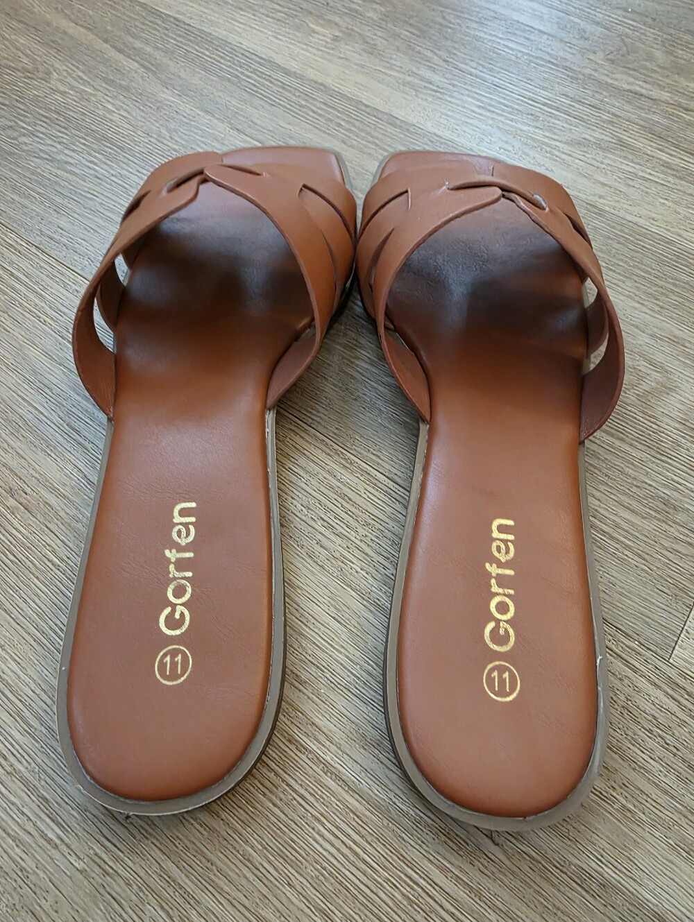 Gorfen Women's Tan Leather Slide Sandals - Classic Square Open-Toe Slip-On - Picture 2 of 8